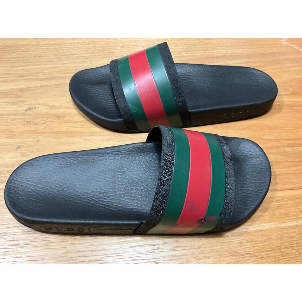 Gucci Web Slide Sandals Black Green Red Stripe Rubber Mens Size 11 448465